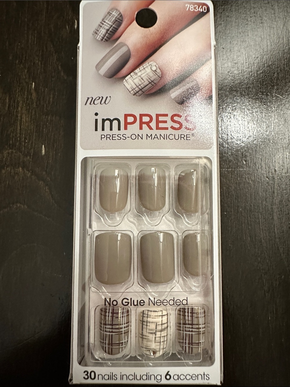 imPRESS Neutral Taupe Press-On Nails with Plaid Accent